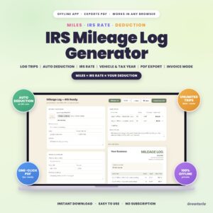IRS Mileage Log Generator App | Auto Mileage Deduction at IRS Rate, PDF Export | Offline, No Subscription