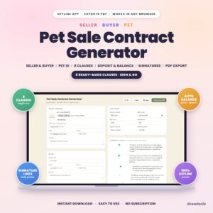 Pet & Puppy Sale Contract Generator App | Breeder Bill of Sale, 8 Clauses, Signatures, PDF | Offline, No Subscription