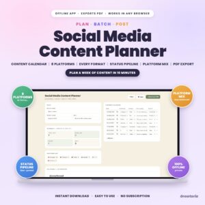 Social Media Content Planner App | Content Calendar, Post Scheduler & Channel Mix, PDF | Offline, No Subscription