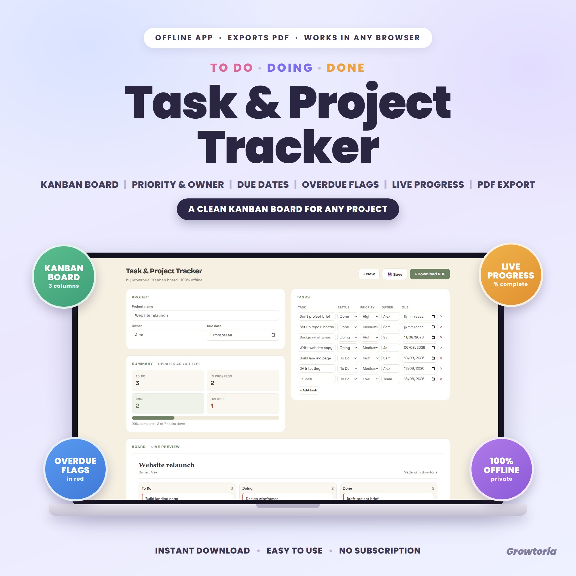 Task & Project Tracker App | Kanban Board, Priorities, Due Dates & Overdue Flags, PDF | Offline, No Subscription