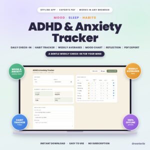 ADHD & Anxiety Tracker App | Daily Mood Check-In, Habit Tracker & Weekly Averages, PDF | Offline, No Subscription
