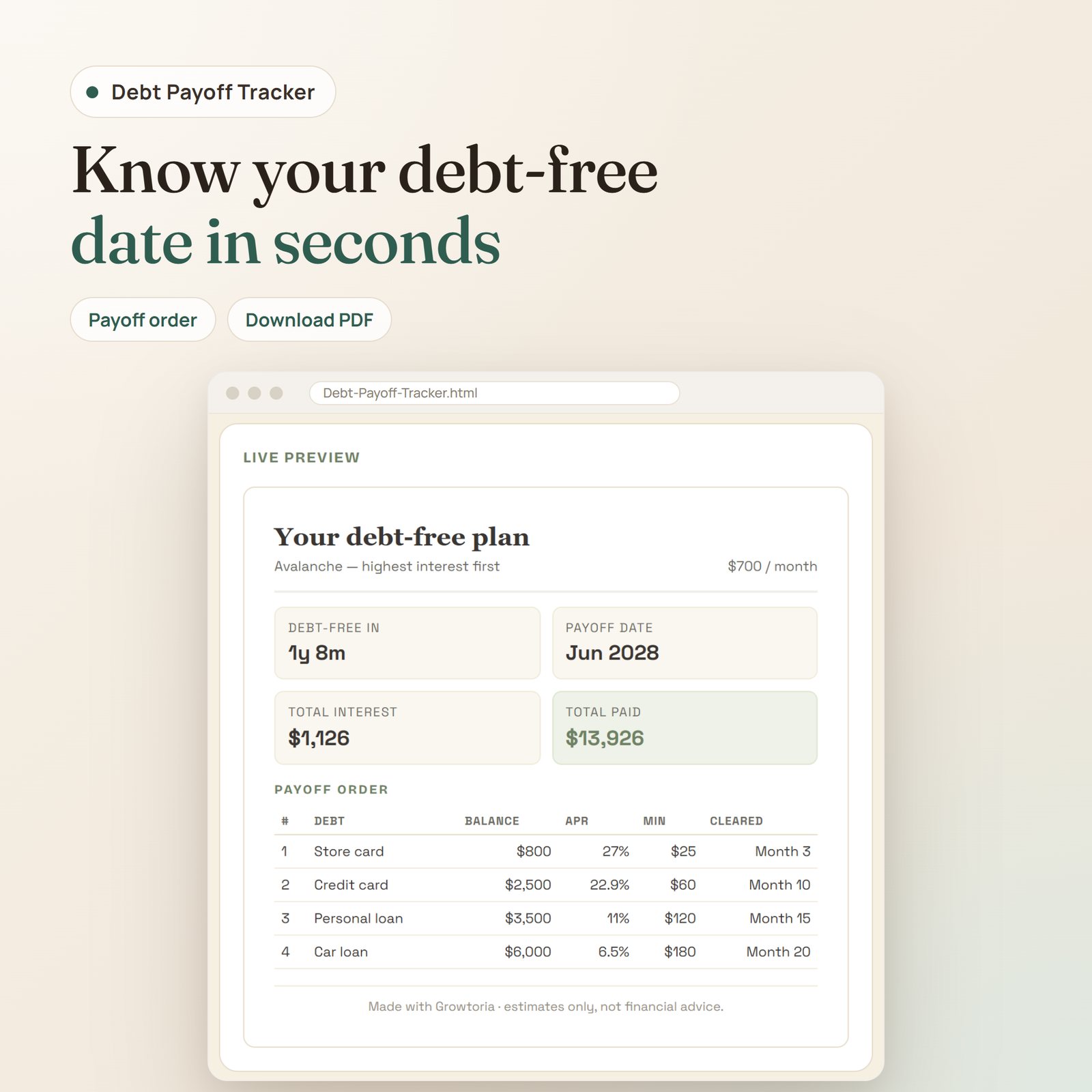 Debt Payoff Tracker app: debt-free plan preview with payoff date, total interest and payoff order