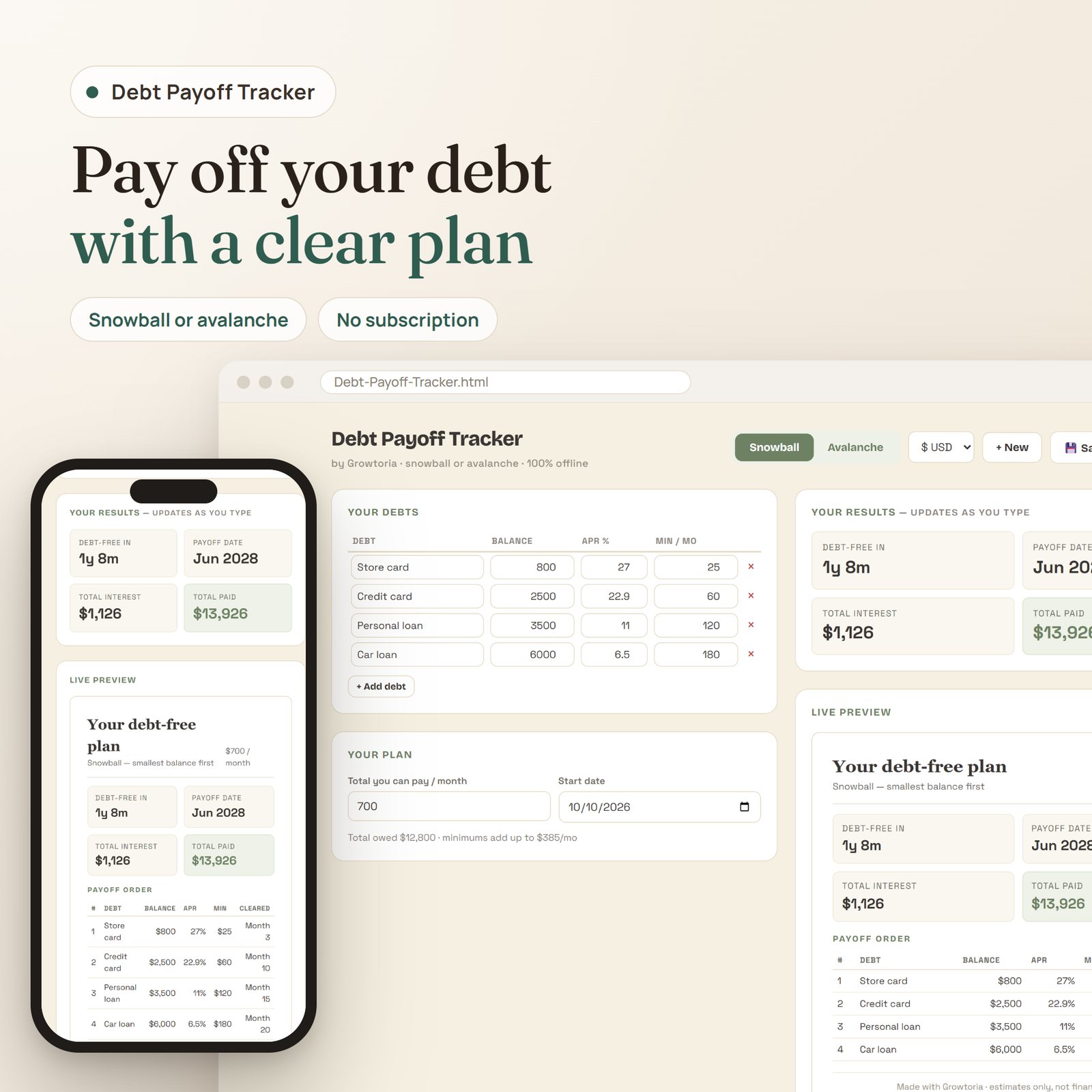 Debt Payoff Tracker app: debts, monthly plan and debt-free results on desktop and mobile