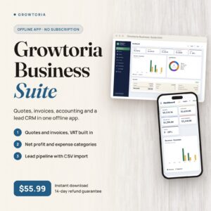 Growtoria Business Suite: the dashboard on desktop and on mobile