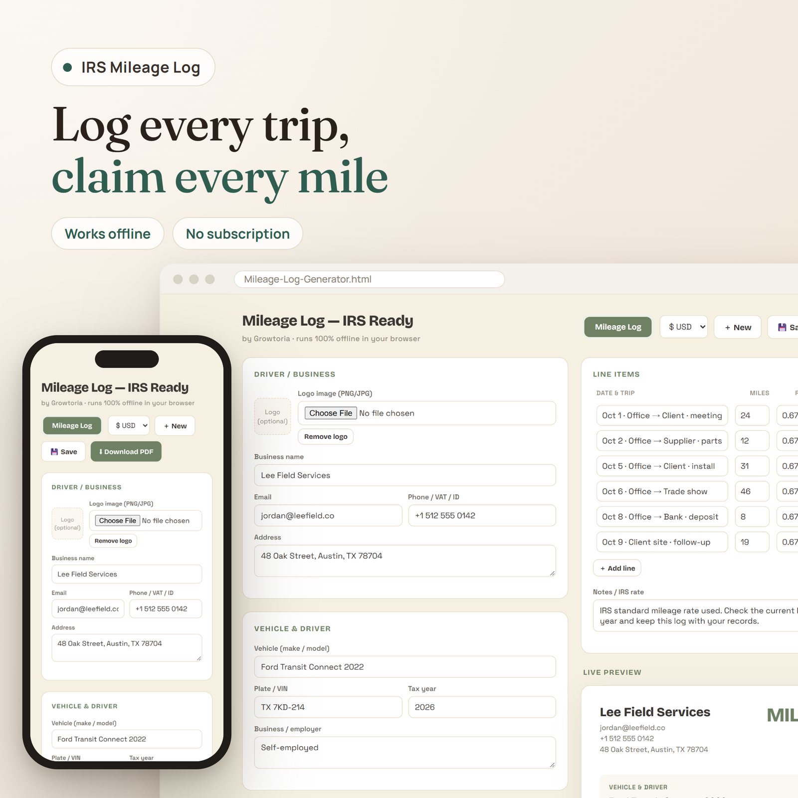 IRS Mileage Log Generator app: driver, vehicle, trips and live mileage log on desktop and mobile