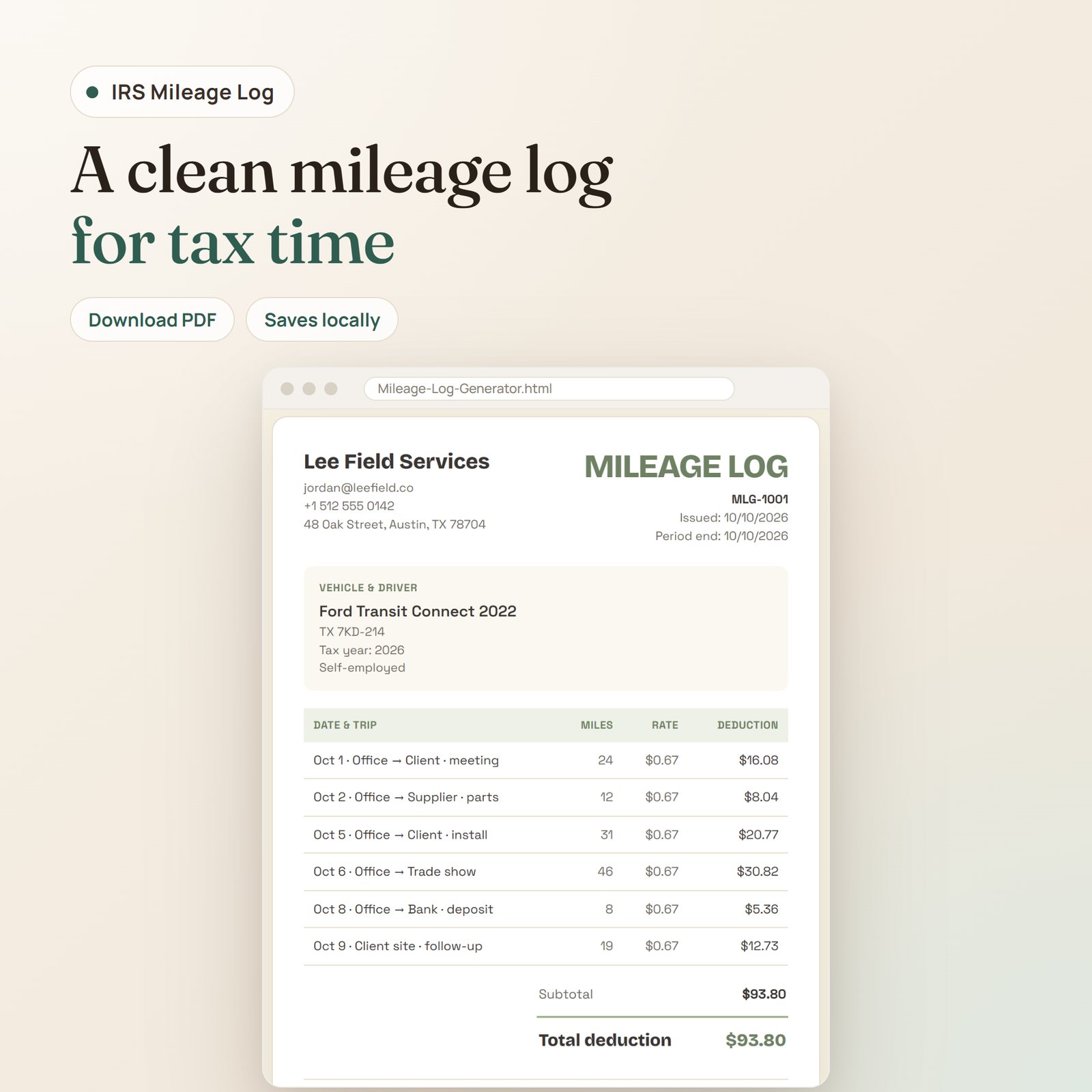 IRS Mileage Log Generator app: printable mileage log with vehicle, trips and total deduction