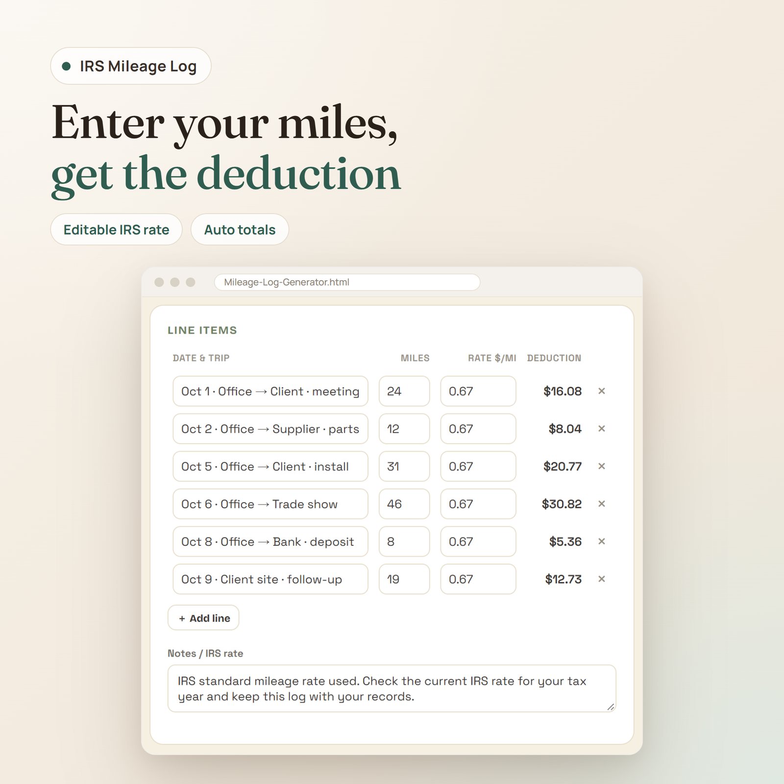 IRS Mileage Log Generator app: trip lines with miles, rate per mile and automatic deduction