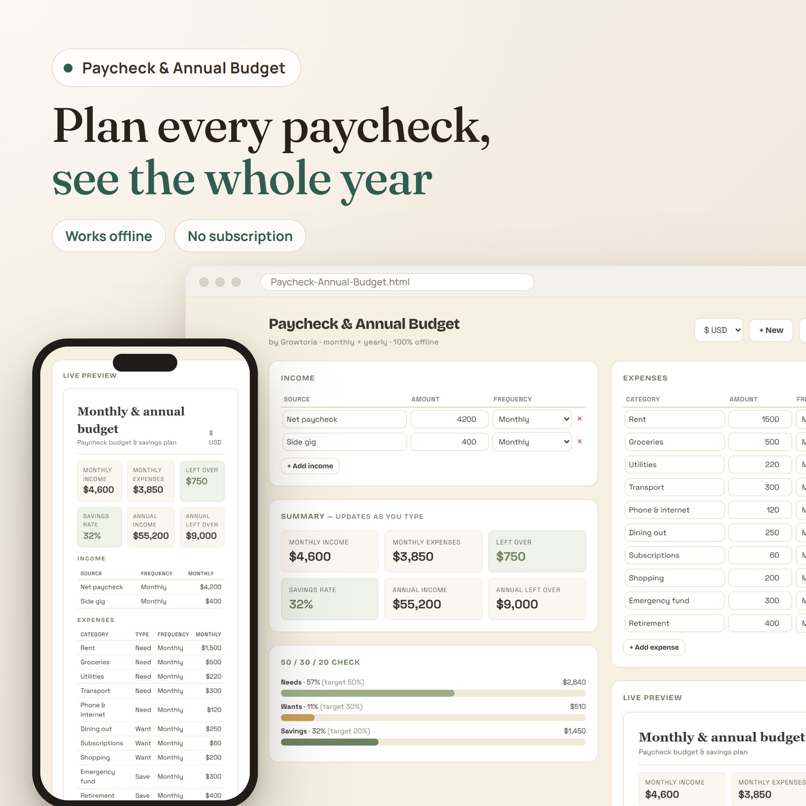 Paycheck & Annual Budget app: income, expenses, summary and 50/30/20 check on desktop, budget report on mobile
