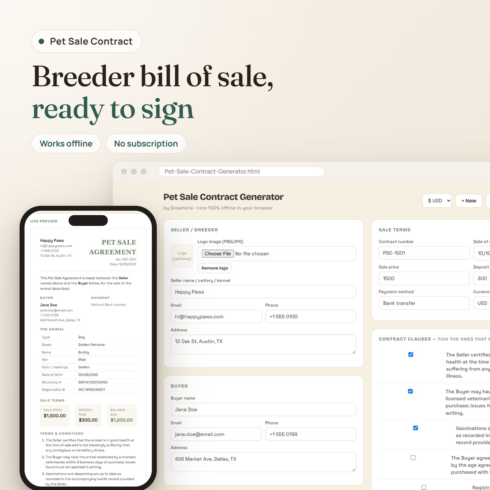 Pet Sale Contract Generator app: seller, buyer, pet details and sale terms on desktop, pet sale agreement on mobile
