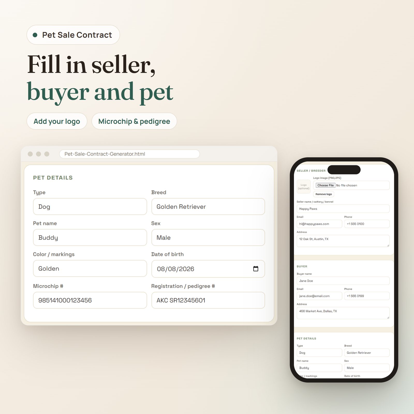 Pet Sale Contract Generator app: pet details form with breed, sex, date of birth, microchip and pedigree number, plus seller and buyer on mobile