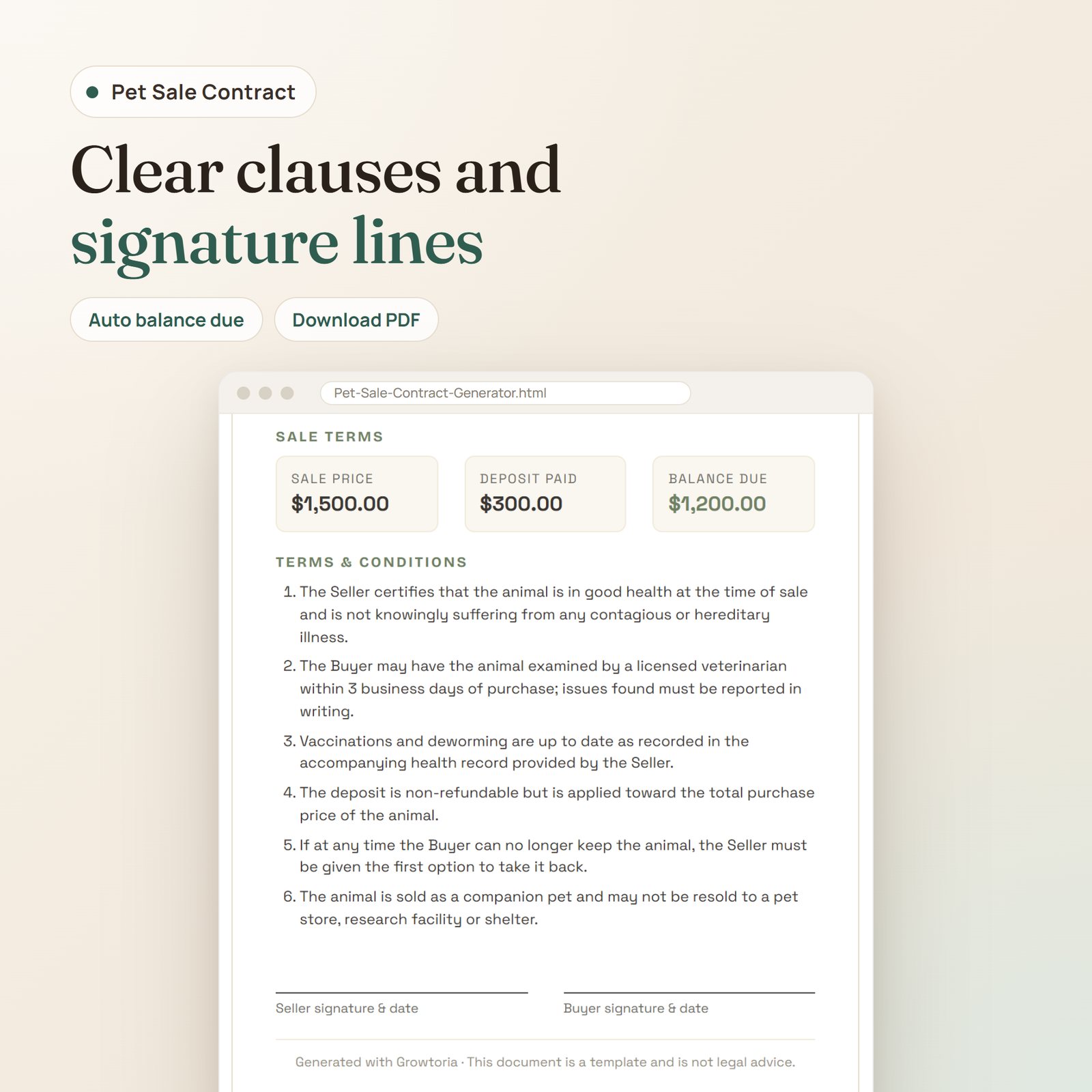 Pet Sale Contract Generator app: sale price, deposit and balance due, terms and conditions and signature lines of the pet sale agreement