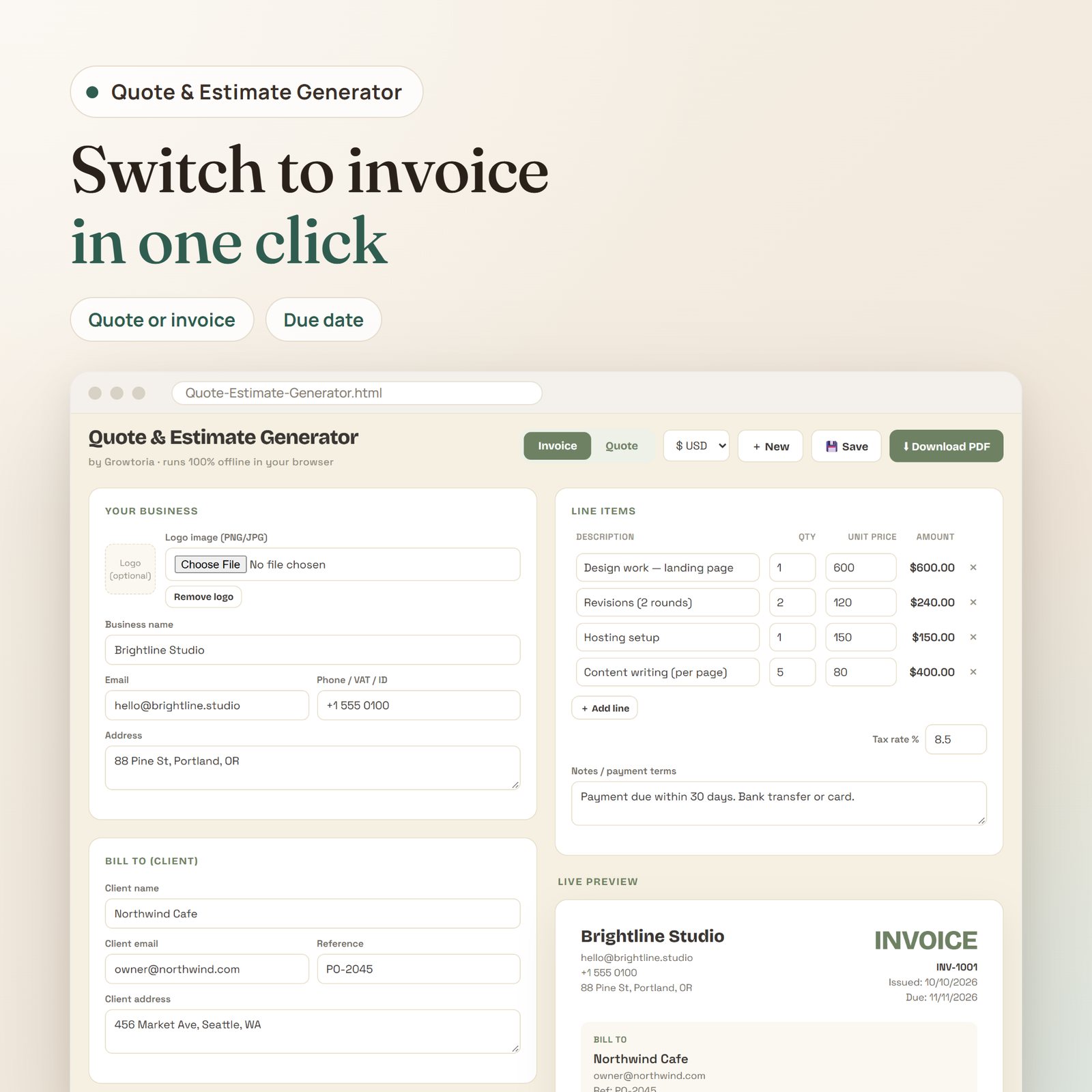 Quote & Estimate Generator app: invoice mode with invoice number, due date and invoice preview