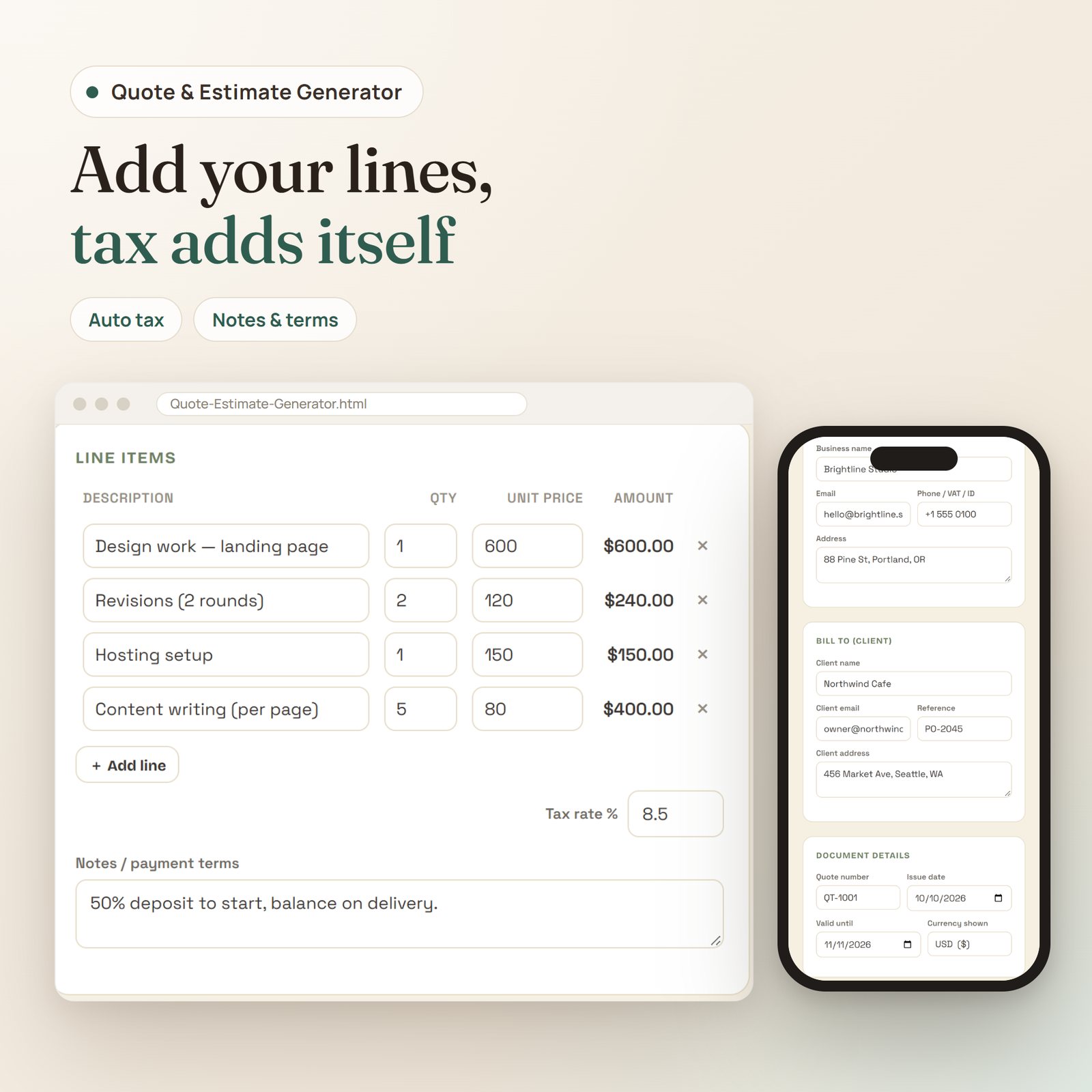 Quote & Estimate Generator app: line items with quantity, unit price, amount and tax rate, plus client and document details on mobile