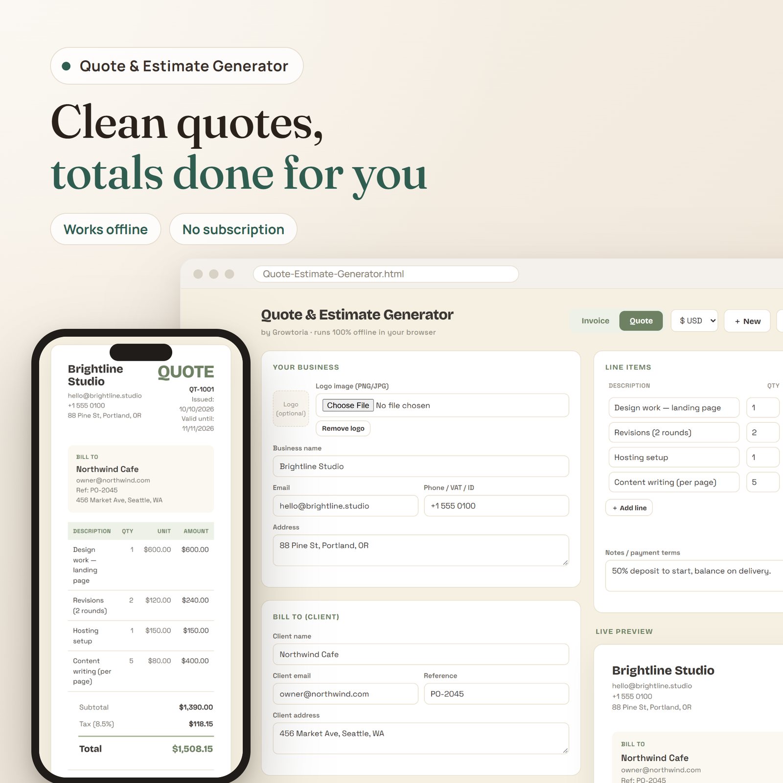 Quote & Estimate Generator app: business, client, line items and live quote preview on desktop and mobile