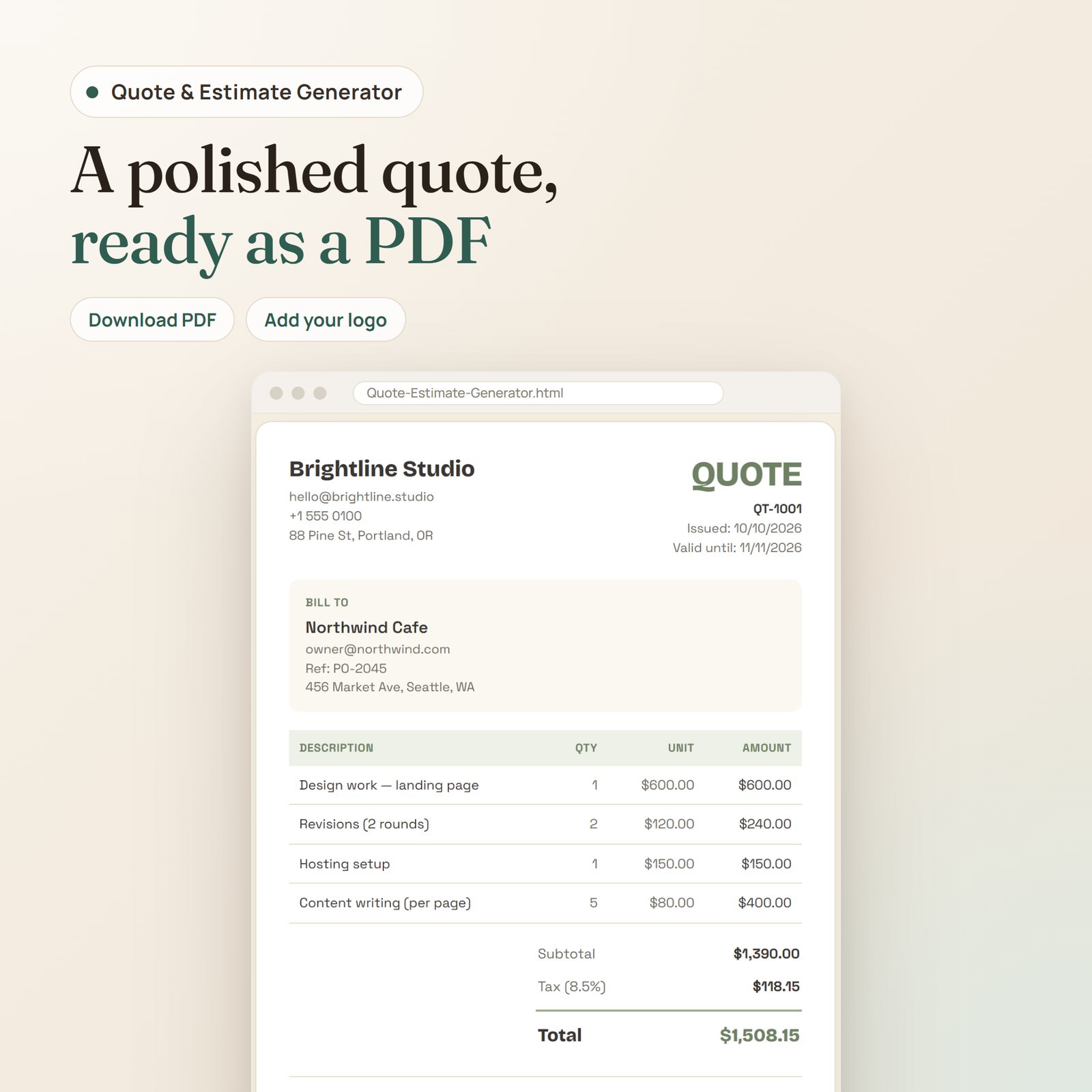 Quote & Estimate Generator app: live quote preview with client, line items, subtotal, tax and total, ready as a PDF