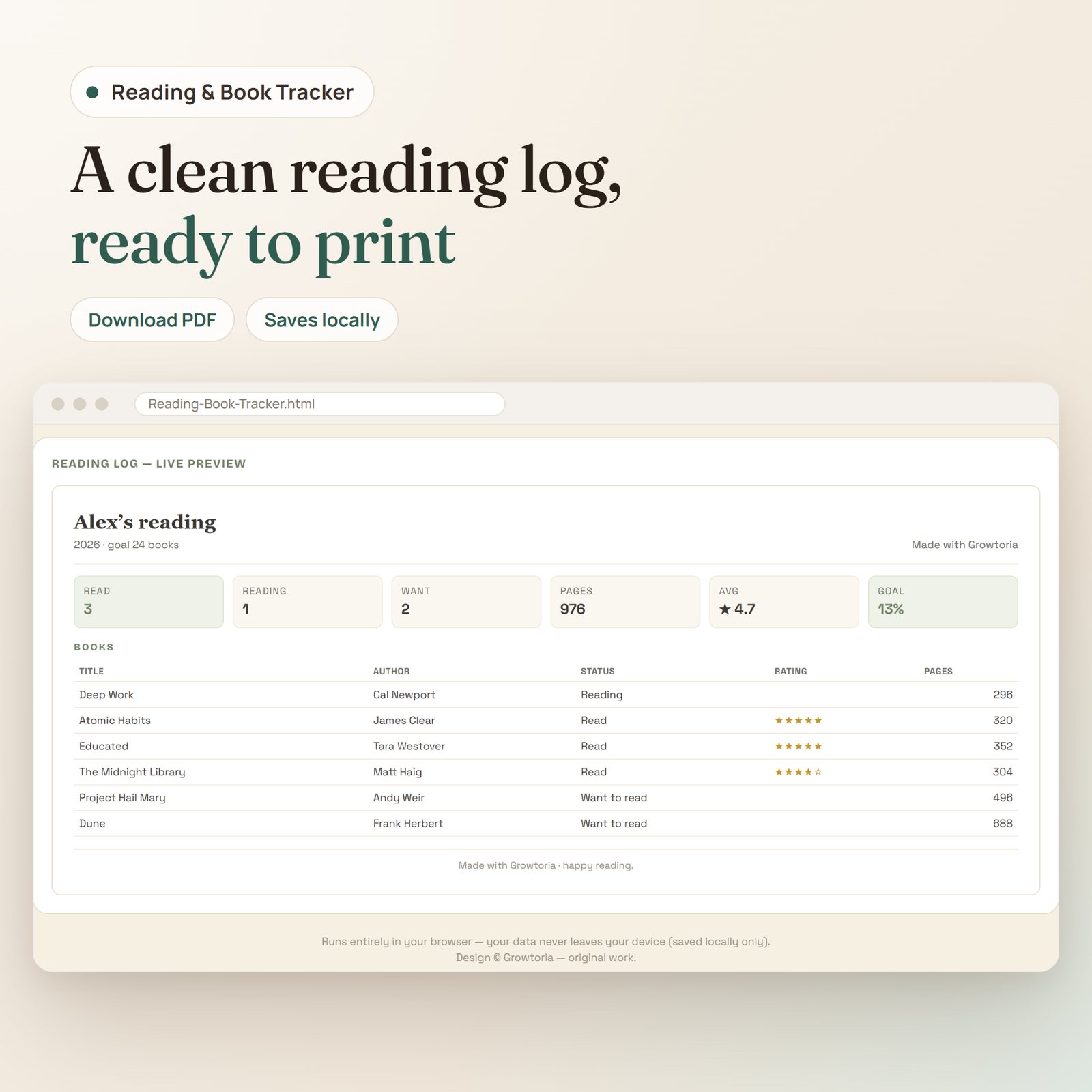 Reading & Book Tracker app: printable reading log preview with star ratings and pages per book