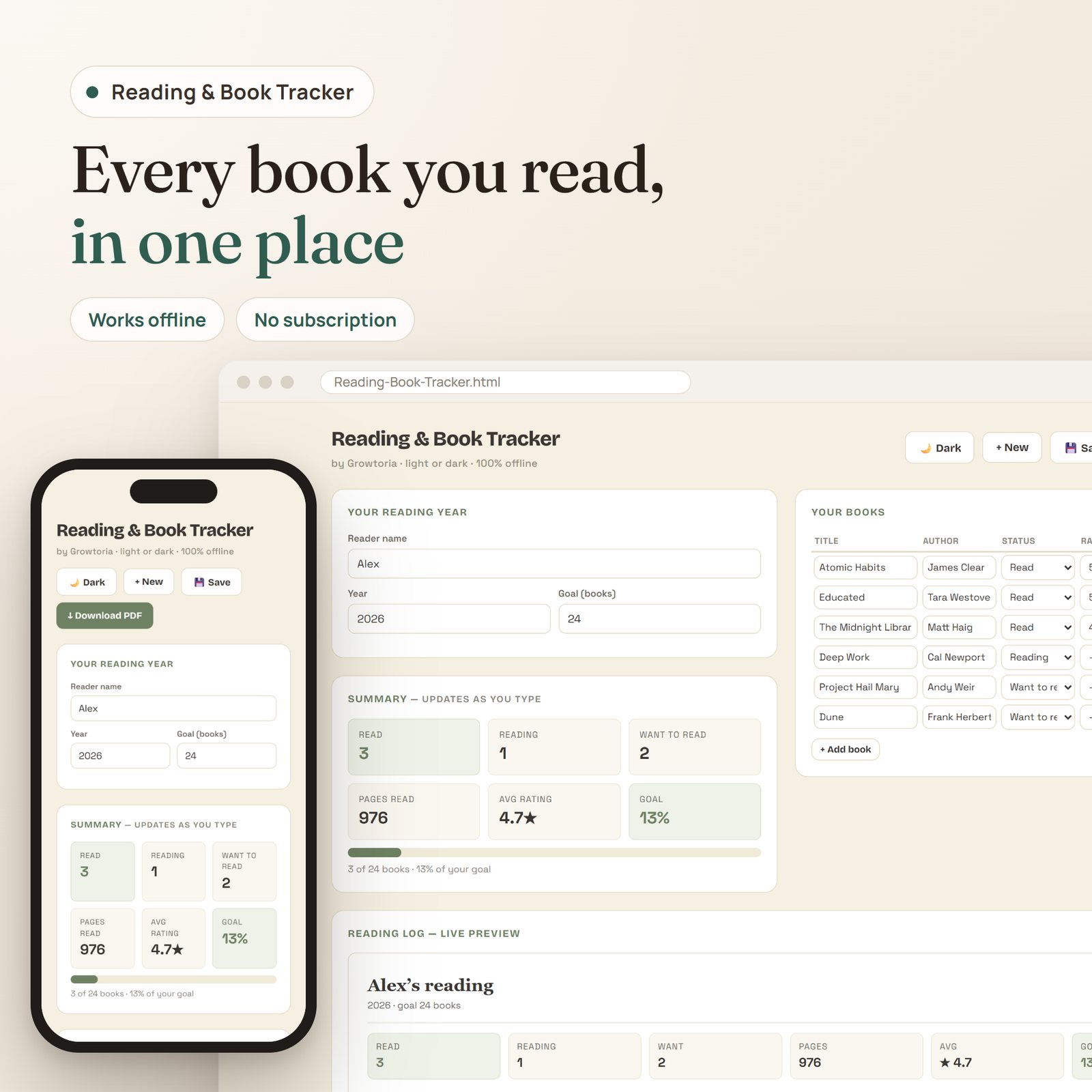 Reading & Book Tracker app: reading year, book list and live summary on desktop and mobile