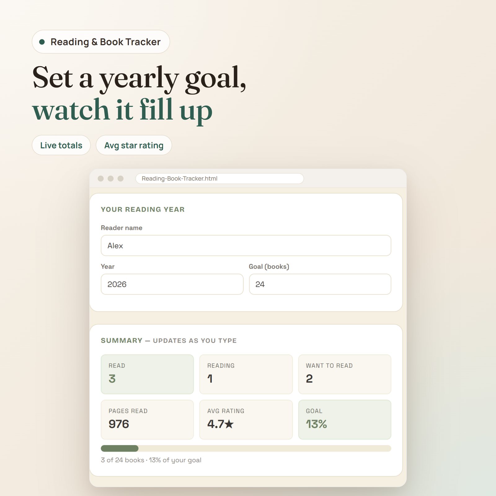 Reading & Book Tracker app: yearly reading goal with books read, pages read, average rating and progress bar
