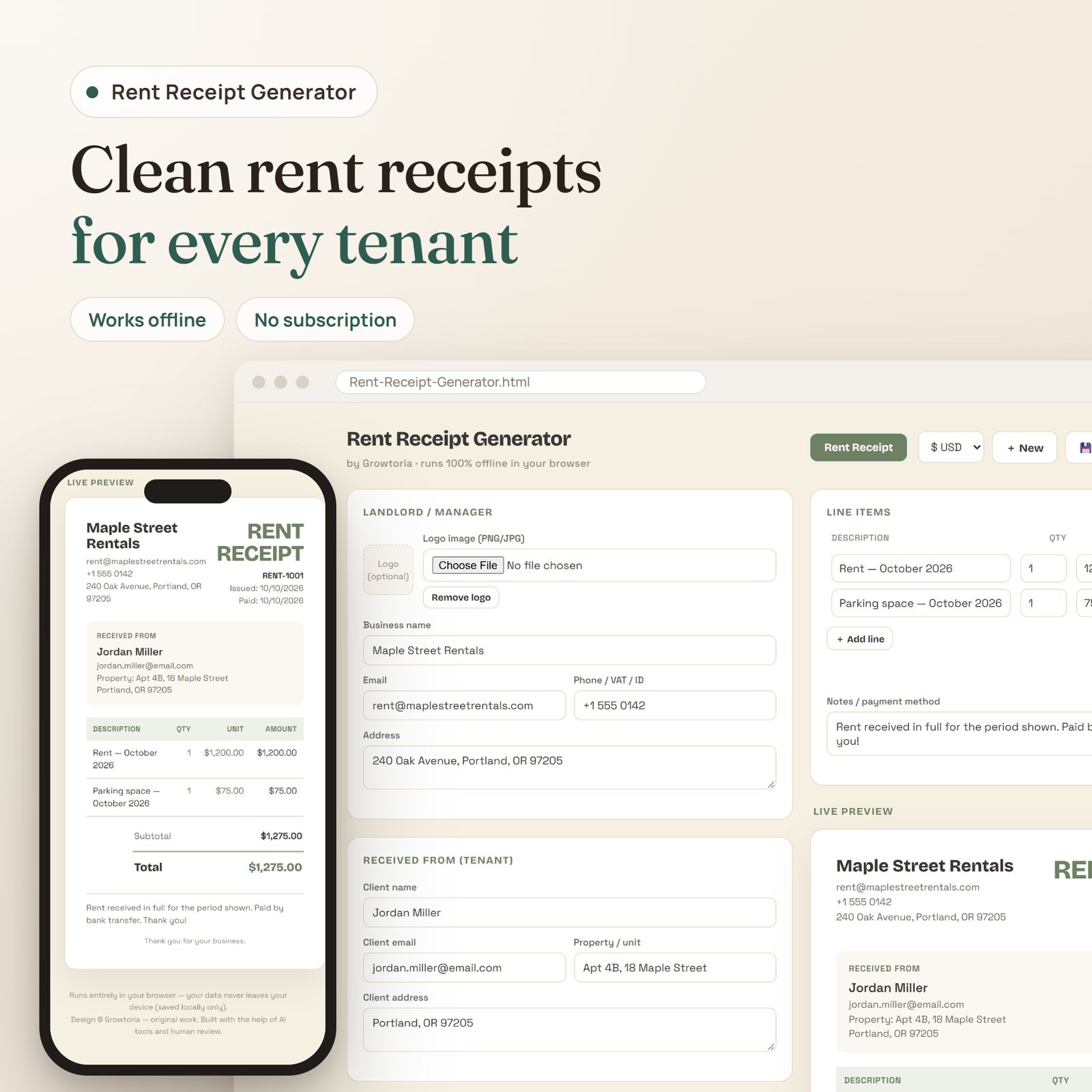 Rent Receipt Generator app: landlord, tenant and line items with the live rent receipt on desktop and mobile