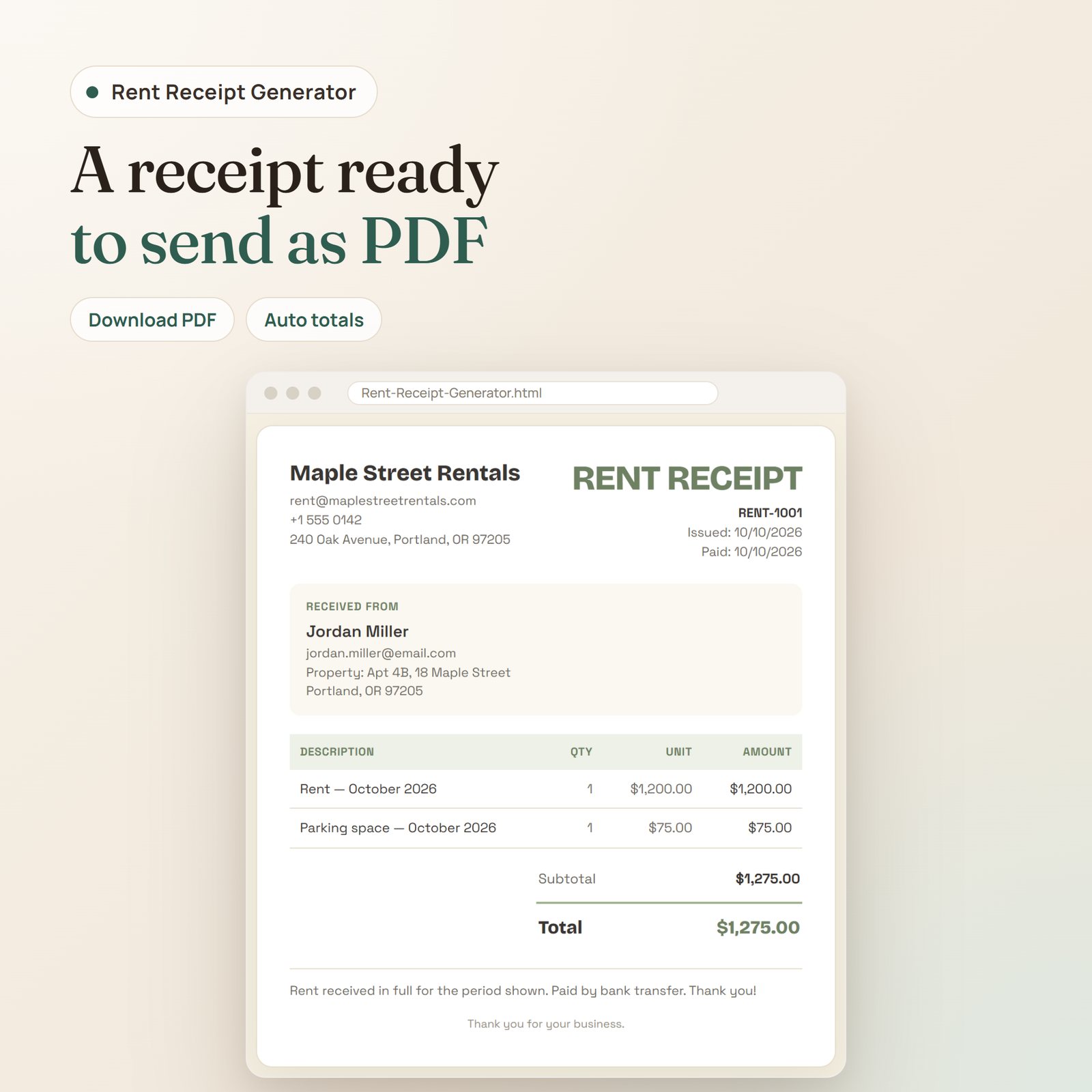Rent Receipt Generator app: finished rent receipt with landlord, tenant, property, rent lines and total