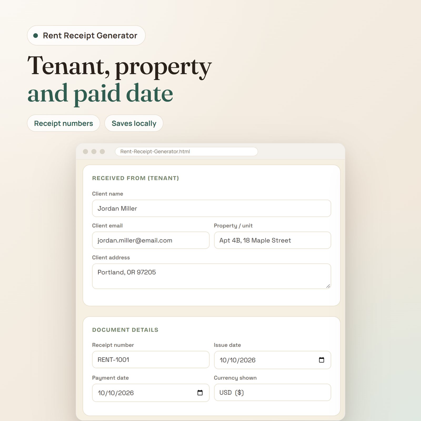 Rent Receipt Generator app: tenant name, email, property unit, receipt number, issue date and payment date