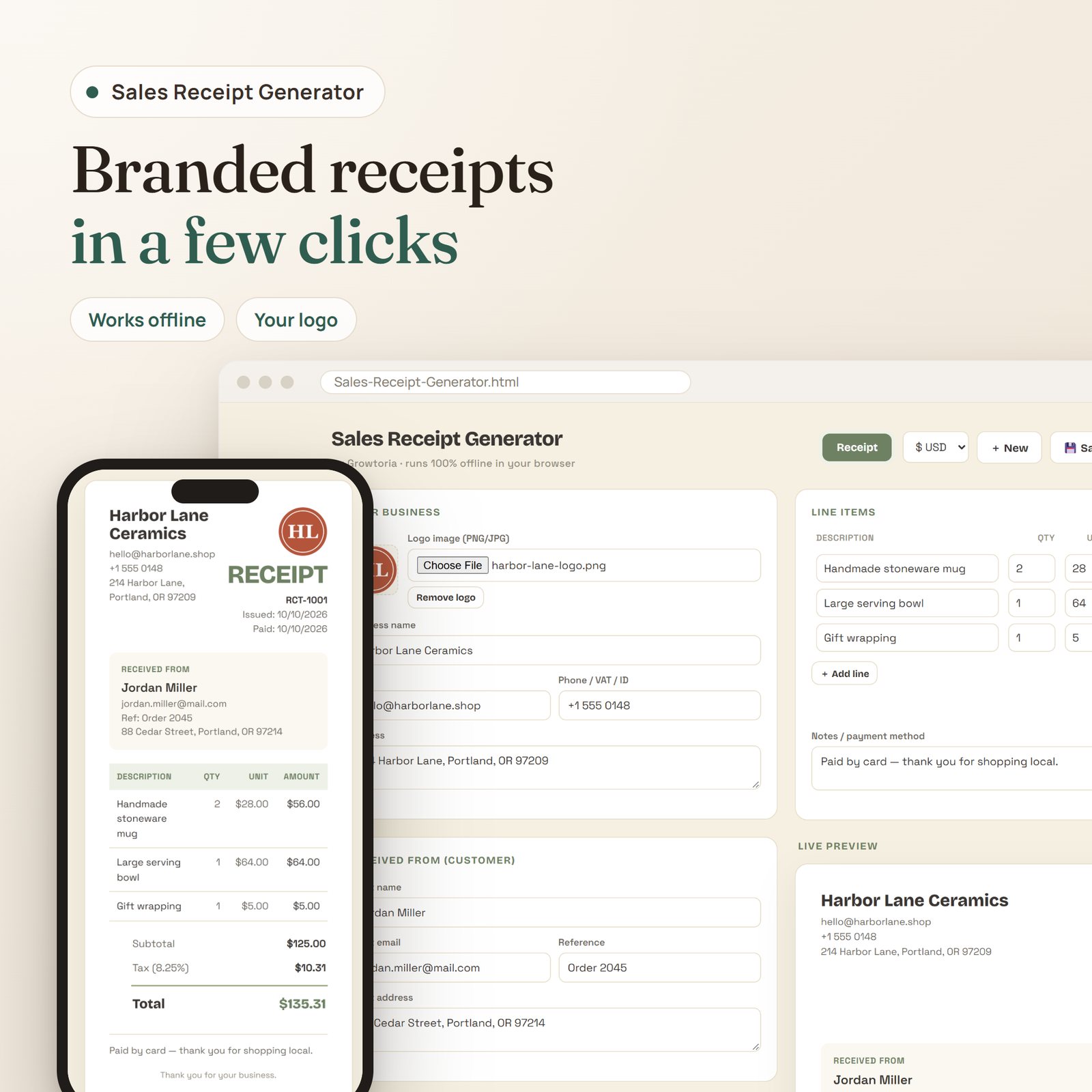 Sales Receipt Generator app: receipt editor on desktop and the finished receipt with logo on mobile
