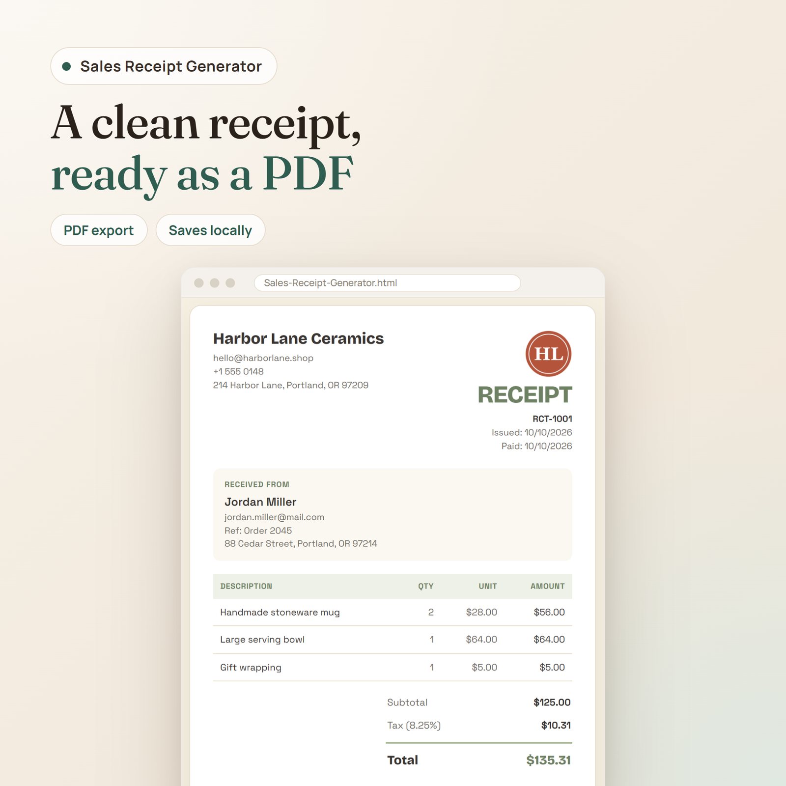 Sales Receipt Generator app: finished receipt with logo, customer, items, tax and total