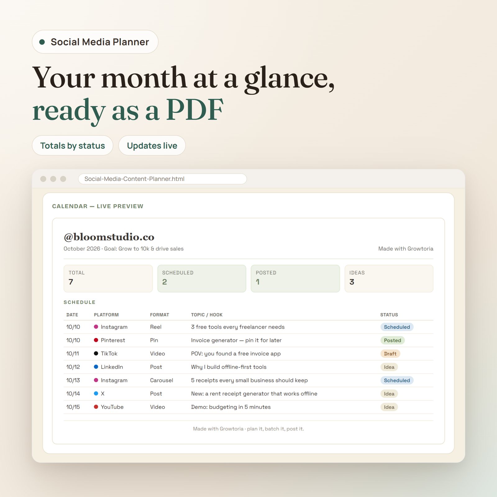 Social Media Content Planner app: live calendar preview with totals and the full posting schedule