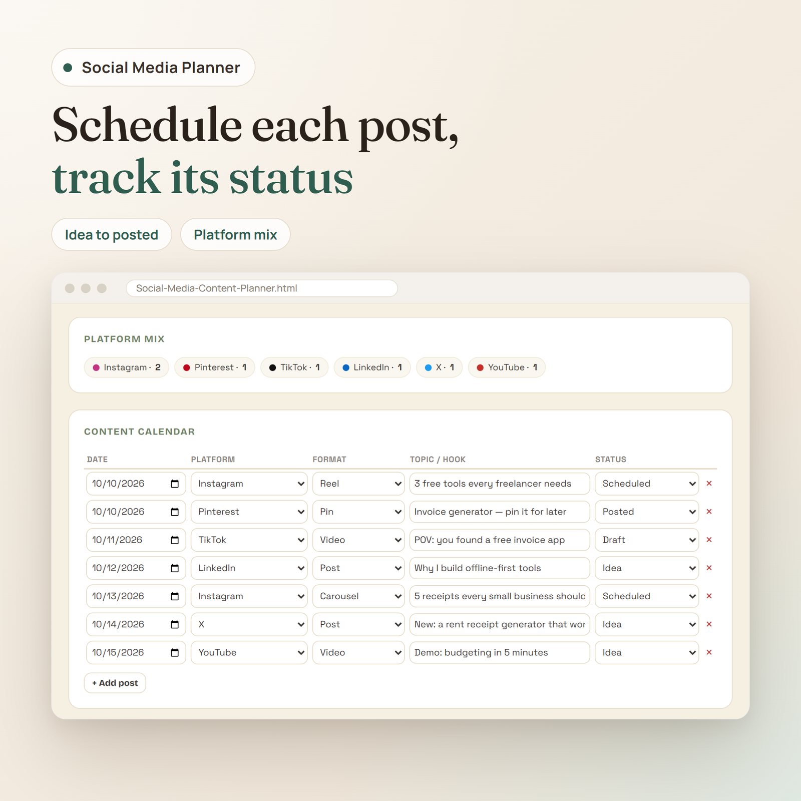 Social Media Content Planner app: content calendar with date, platform, format, topic and status for each post