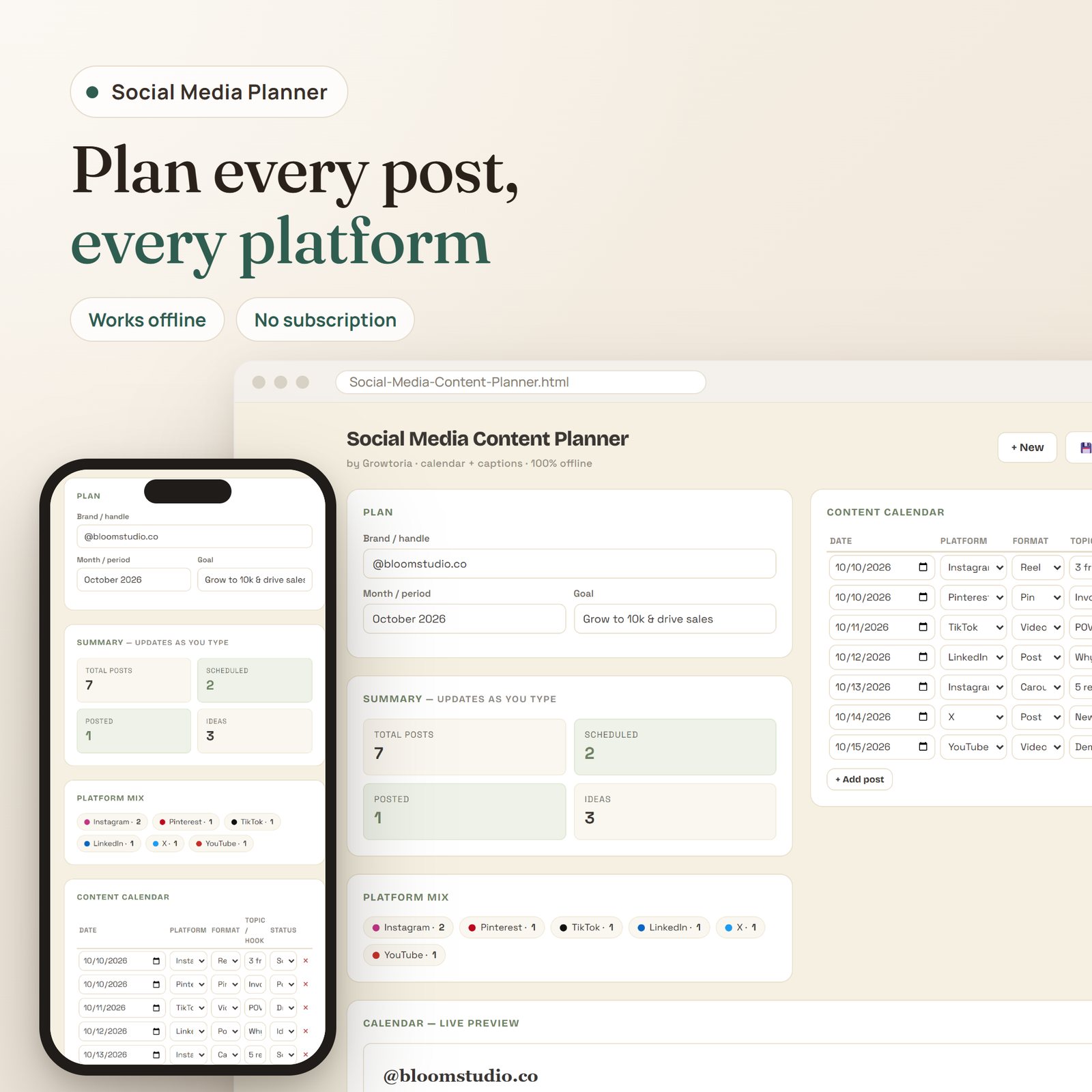 Social Media Content Planner app: plan, summary, platform mix and content calendar on desktop and mobile