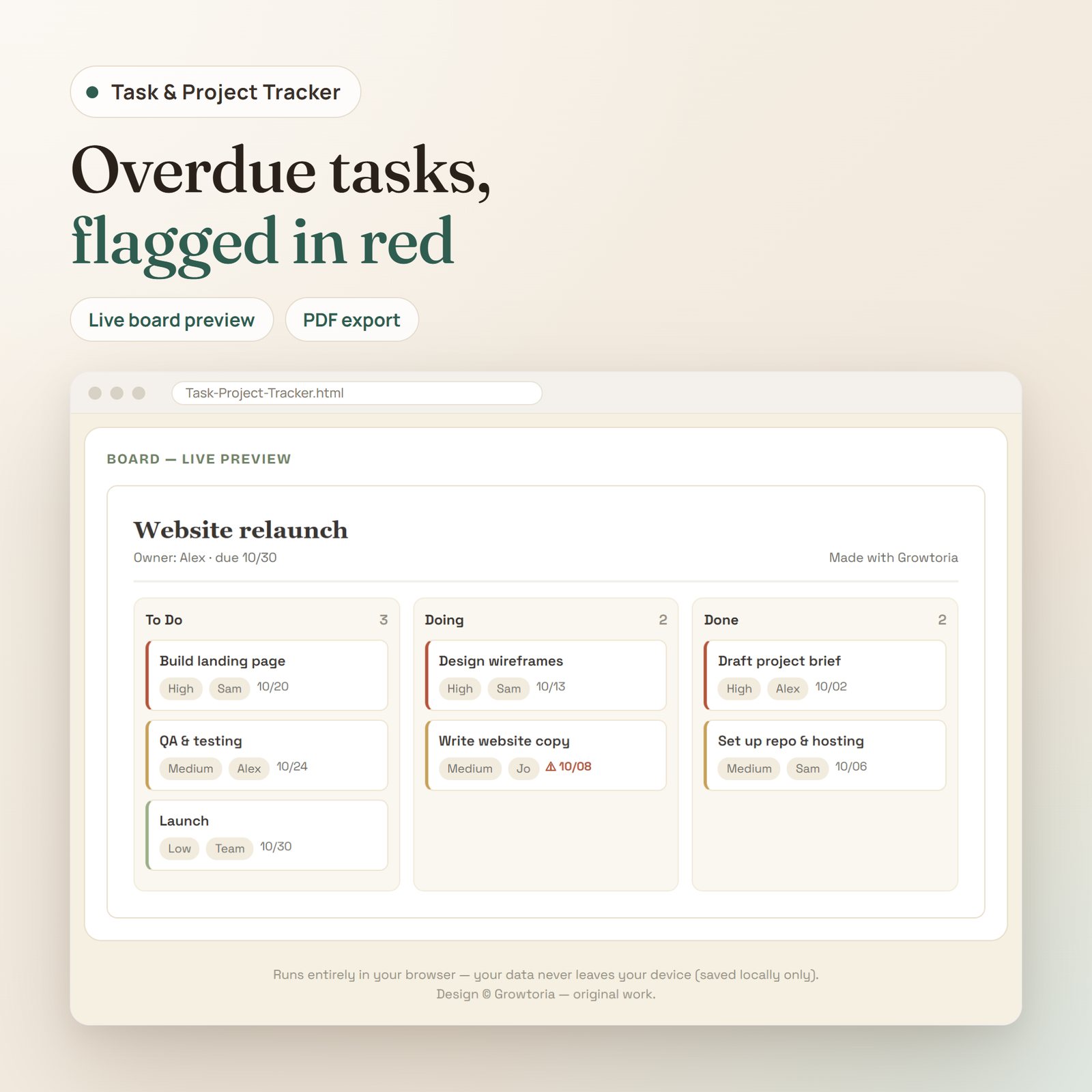 Task & Project Tracker app: kanban board preview with an overdue task flagged in red