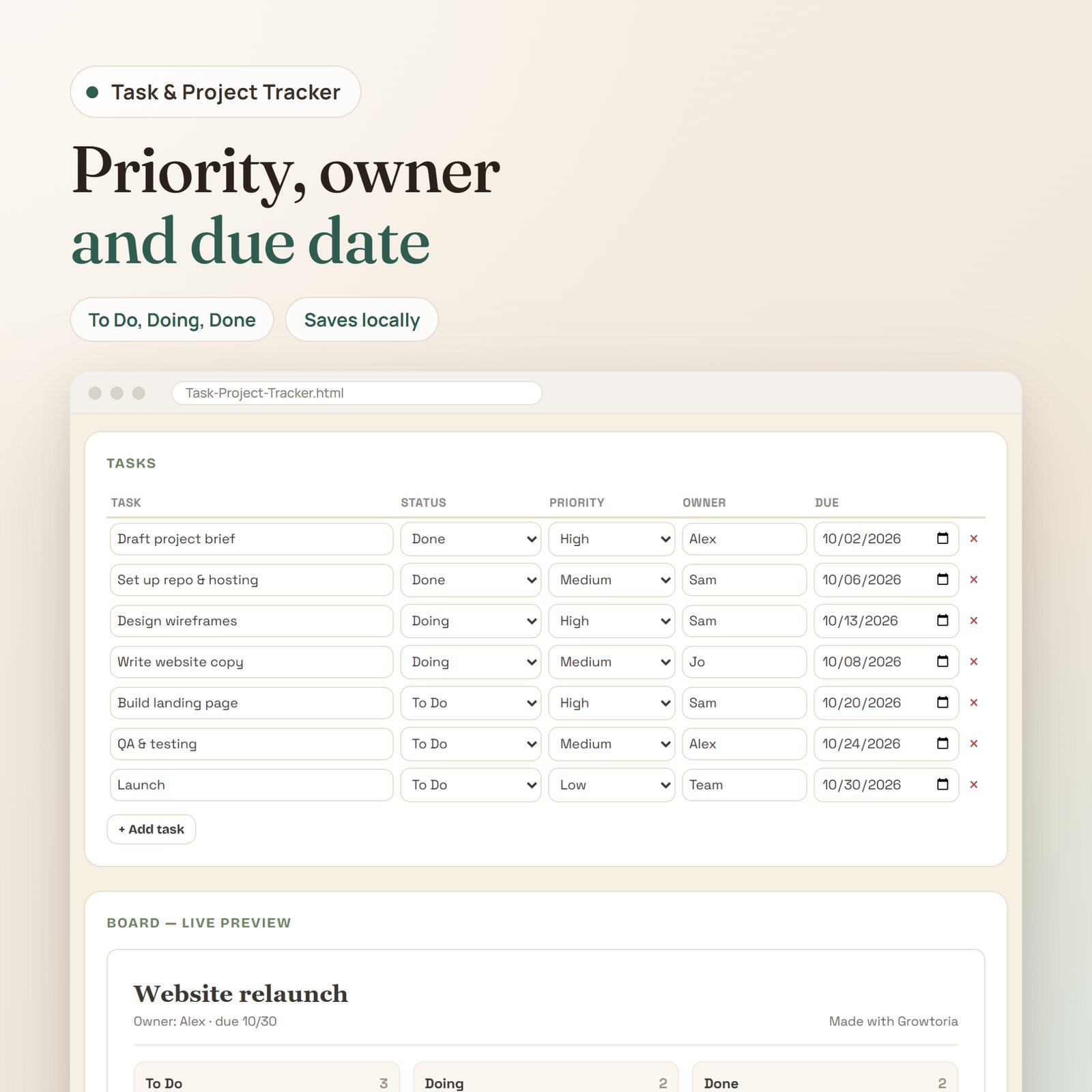 Task & Project Tracker app: task list with status, priority, owner and due date