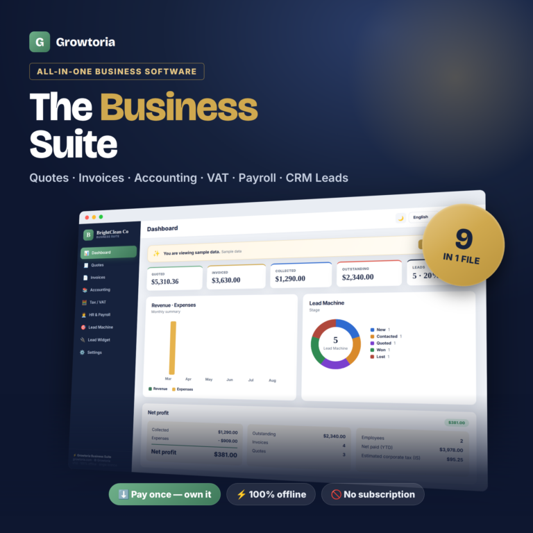 Small Business Software - Growtoria Business Suite | Invoice, Quote, Accounting, Payroll, VAT & CRM — All-in-One Offline Small Business App (No Subscription)