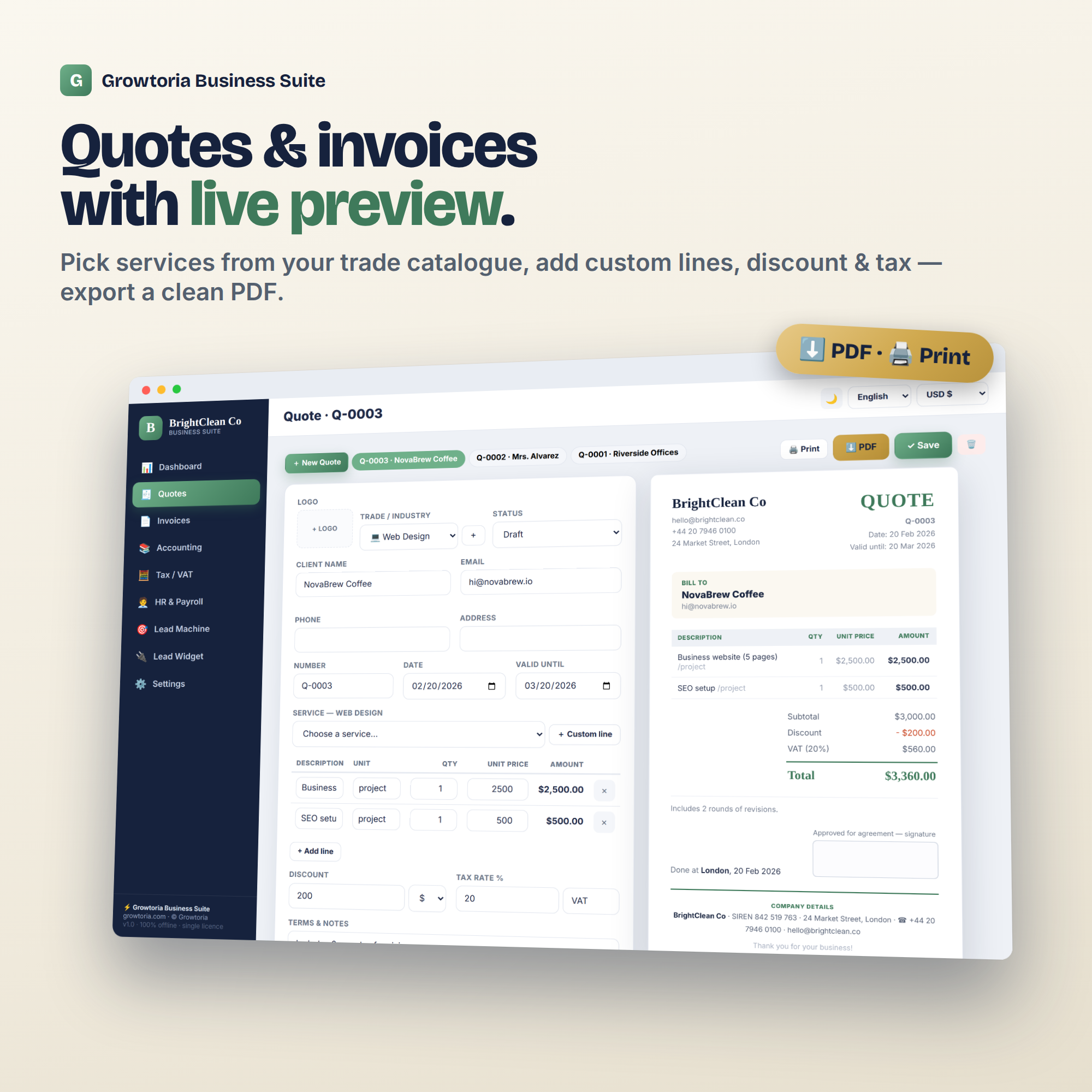 Small business software invoice and quote generator with live preview