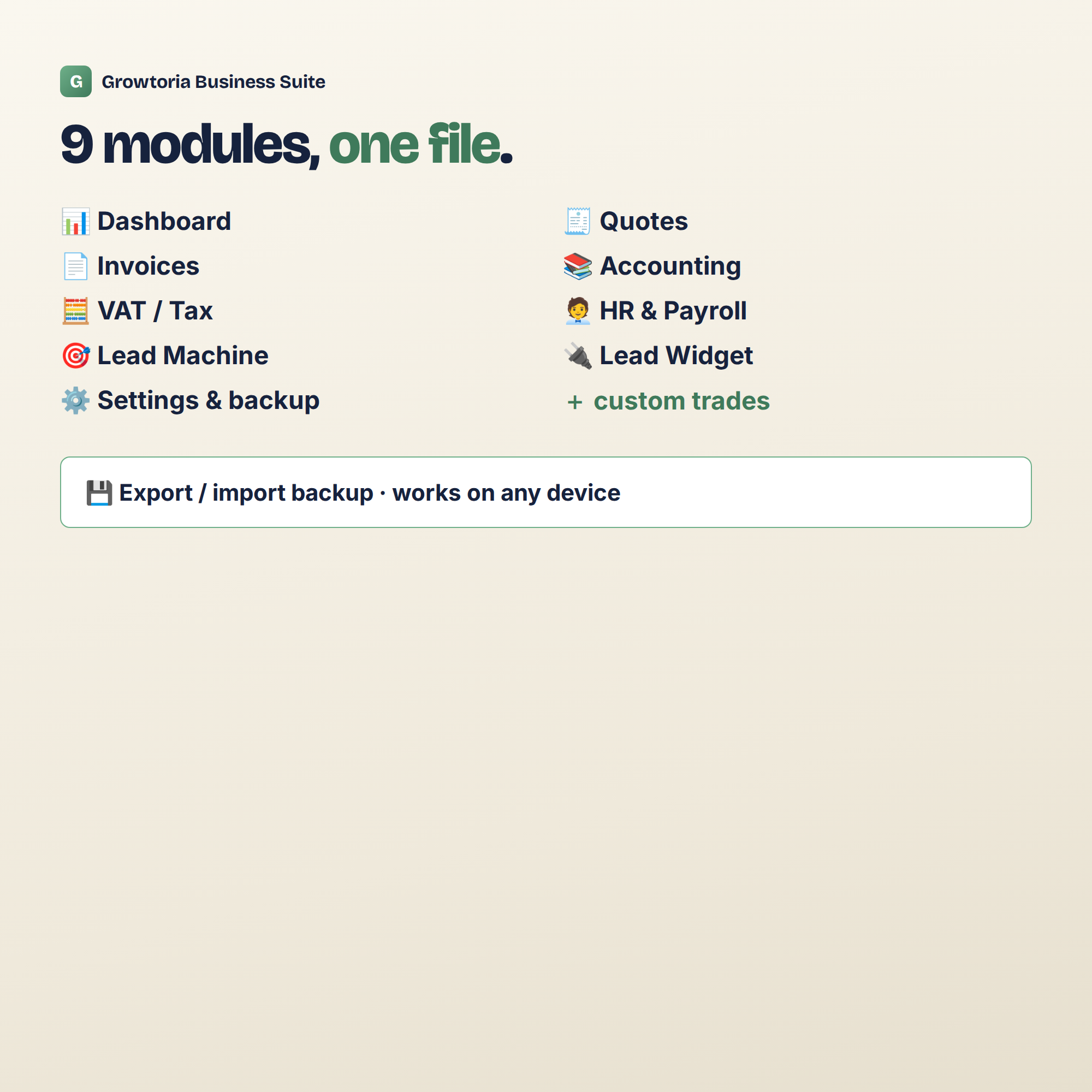 All-in-one small business software with 9 modules in one offline file